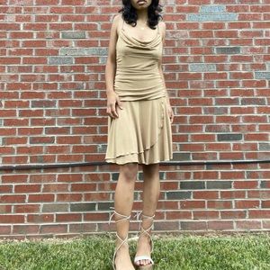 VTG Y2K ⏰ CITY TRIANGLES tan with gold metallic detailing mini dress